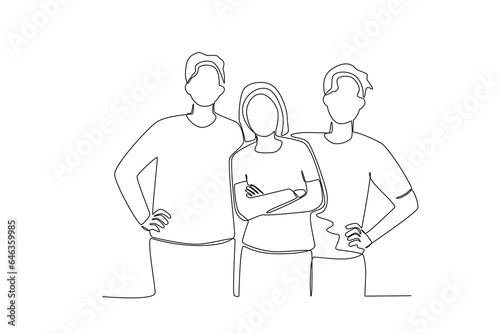 Single continuous line drawing of three friends consisting of two men and one woman
