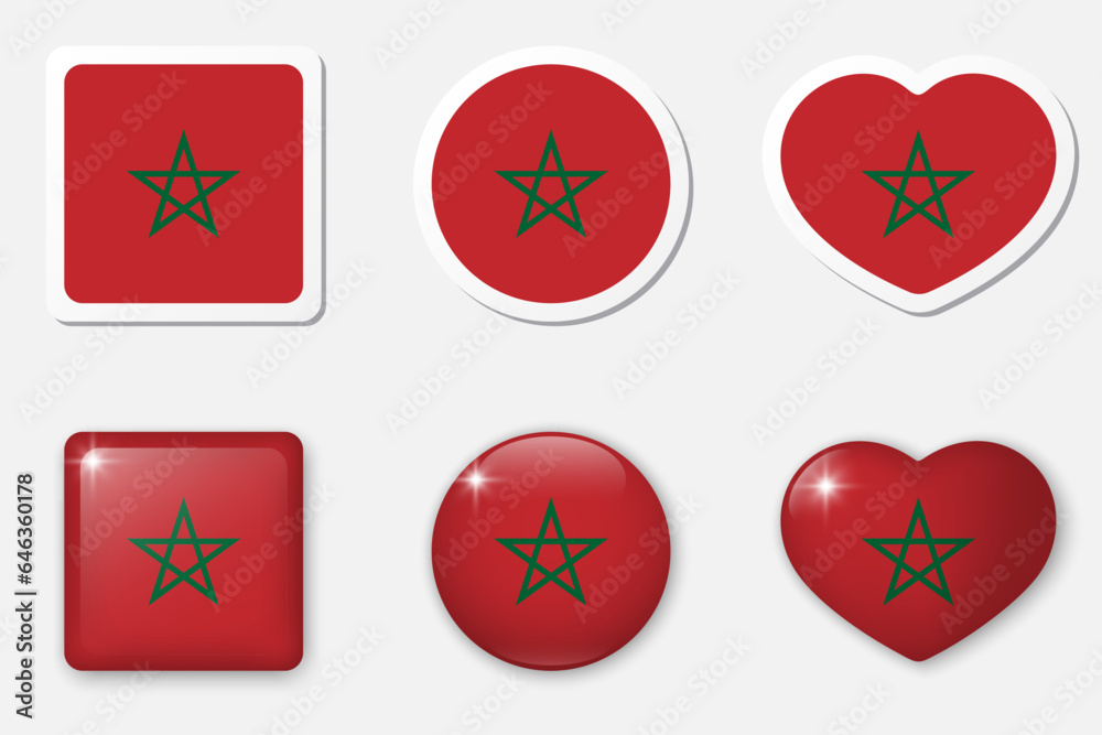 Flag of Morocco icons collection. Flat stickers and 3d realistic glass vector elements on white background with shadow underneath. Flag of Morocco icons collection. Flat stickers and 3d realistic glass vector elements on white background with shadow underneath.