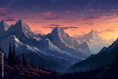 Mountains with 8-bit pixel art. Generative AI