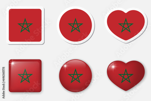 Flag of Morocco icons collection. Flat stickers and 3d realistic glass vector elements on white background with shadow underneath.