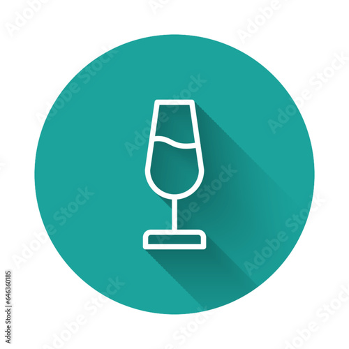 White line Wine glass icon isolated with long shadow background. Wineglass sign. Green circle button. Vector