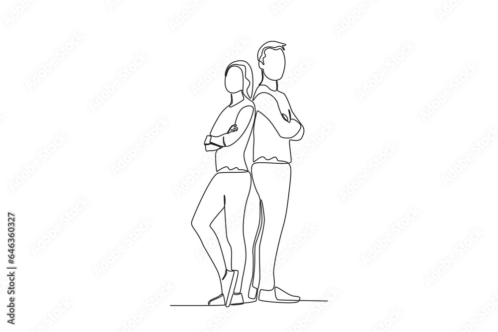 Single continuous line drawing of two friends leaning on each other

