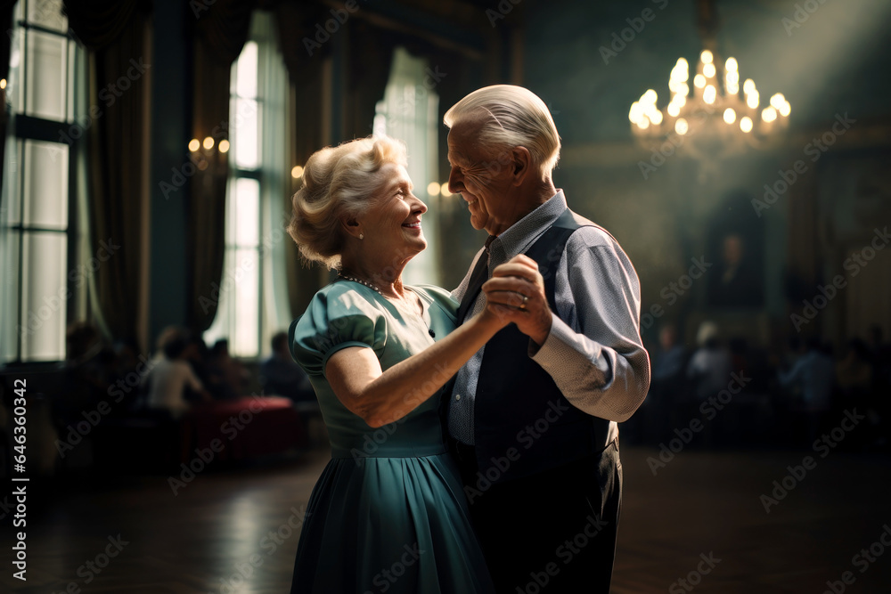 Elderly couple dancing a slow dance and enjoying each other at family reunion. Their children and grandchildren are in blurry background - obrazy, fototapety, plakaty 