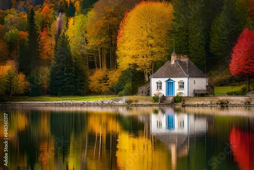 a tranquil scene where a charming cottage stands alongside a gently meandering river, its shores adorned with vibrant, autumn-hued trees