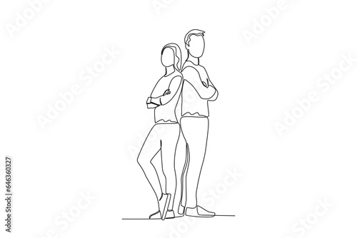 Single continuous line drawing of two friends leaning on each other 