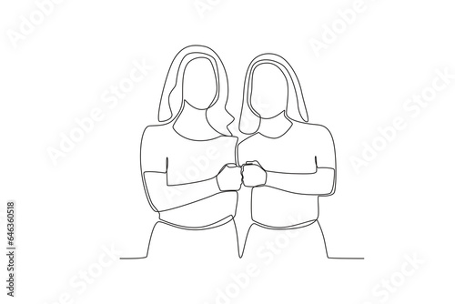Single continuous line drawing of two girlfriends high-fiving 
