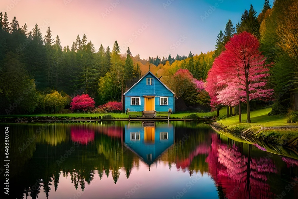 a serene tableau of a cottage by the water's edge, flanked by a lush forest in full bloom, its trees awash with the vibrant colors of spring