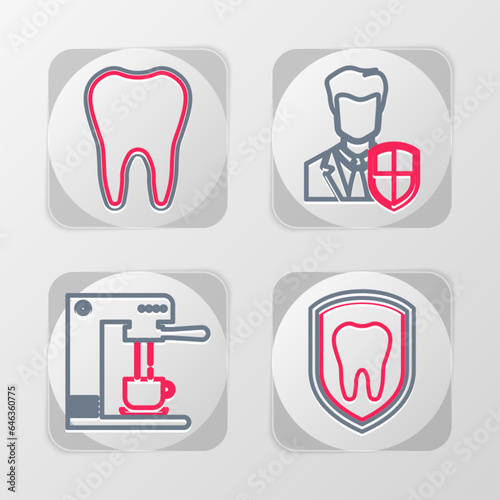 Set line Dental protection  Coffee machine and cup  User and Tooth icon. Vector