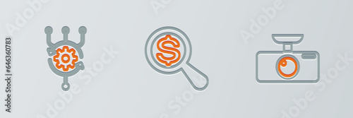 Set line Car DVR, Algorithm and Magnifying glass and dollar icon. Vector