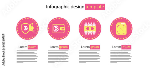 Set line Cryptocurrency bitcoin with circuit, ASIC Miner, wallet and Shield icon. Vector