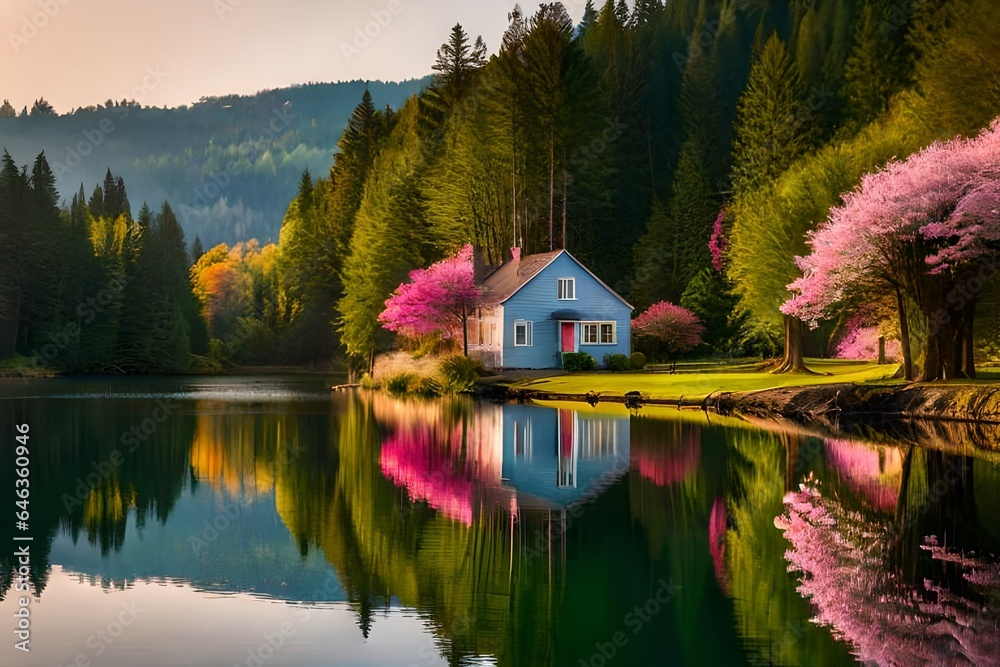 a serene tableau of a cottage by the water's edge, flanked by a lush forest in full bloom, its trees awash with the vibrant colors of spring