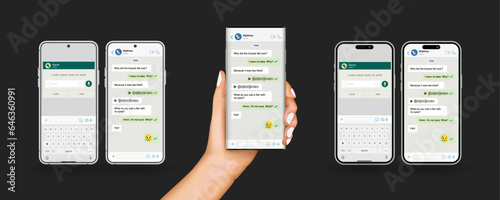 Hand holds the smartphone with messenger application. Flat vector modern phone mock-up illustration.