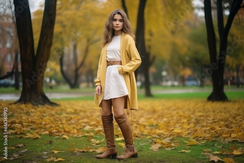 Beautiful young woman in a beige coat walking in the autumn park