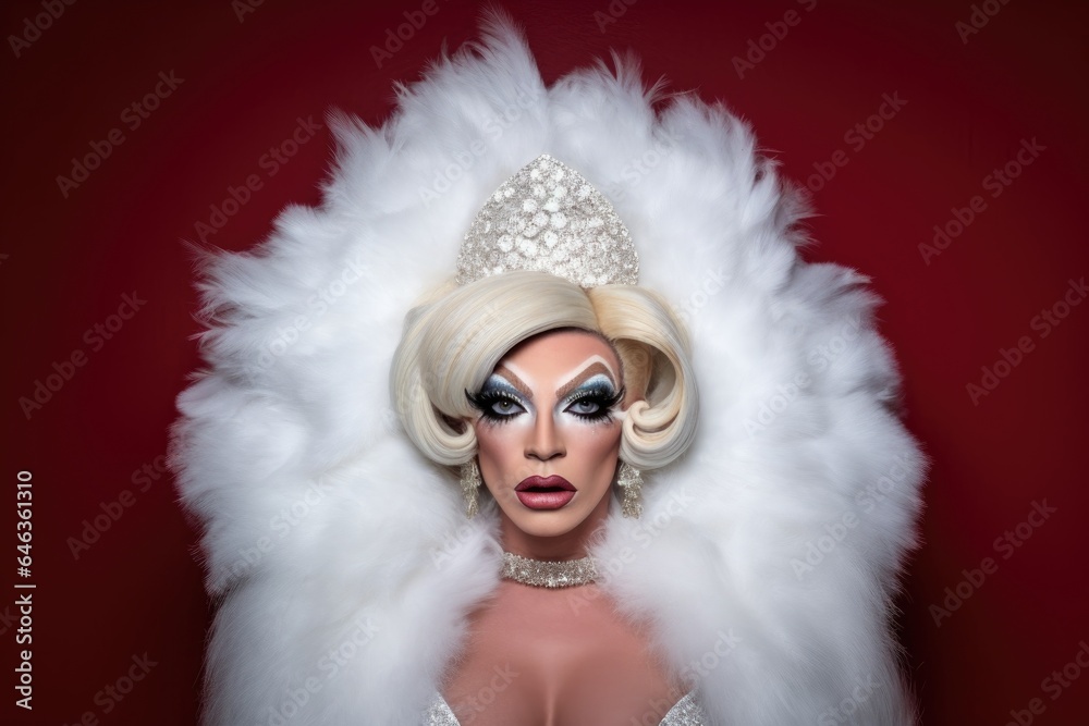 a drag queen wearing a furry white headpiece posing for the camera