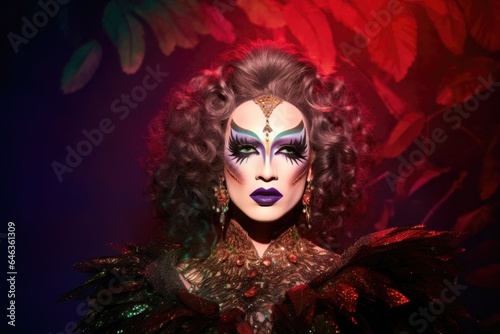 a drag queen with a full face of makeup performing on stage