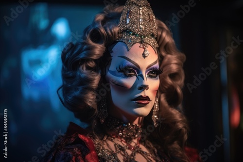 a drag queen with a full face of makeup performing on stage