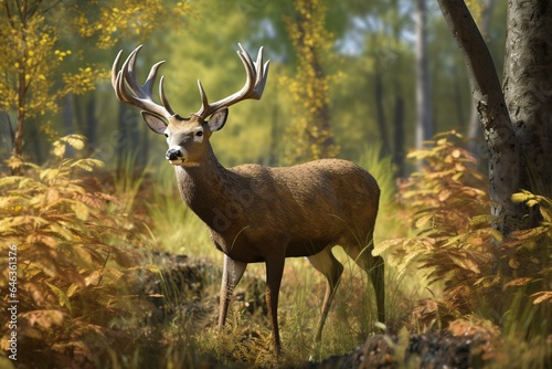 A lifelike 3D depiction of a magnificent deer in a forest meadow. Generative AI
