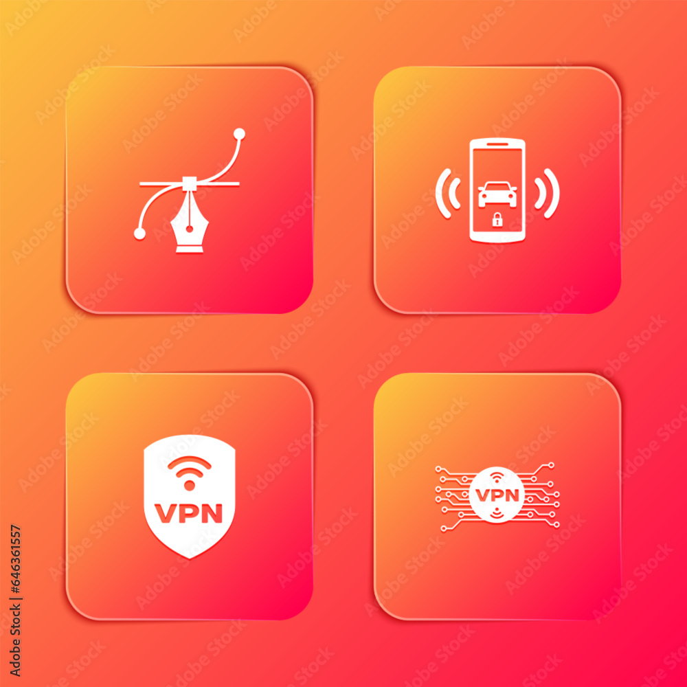 Set Bezier curve, Smart car alarm system, Shield with VPN wireless and microchip circuit icon. Vector Set Bezier curve, Smart car alarm system, Shield with VPN wireless and microchip circuit icon. Vector