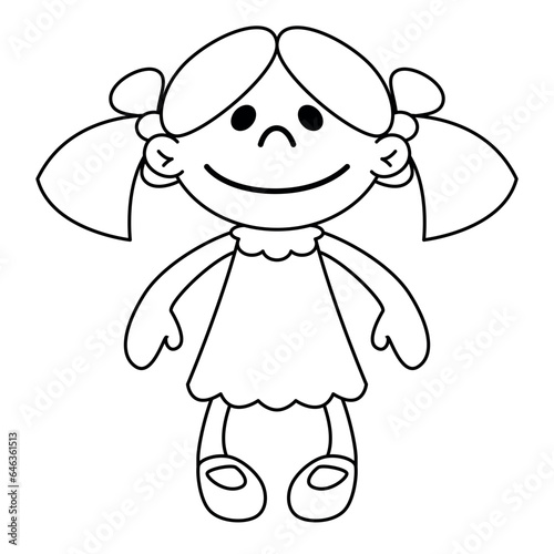 doll, black and white vector cartoon illustration of little girl in dress, isolated on white