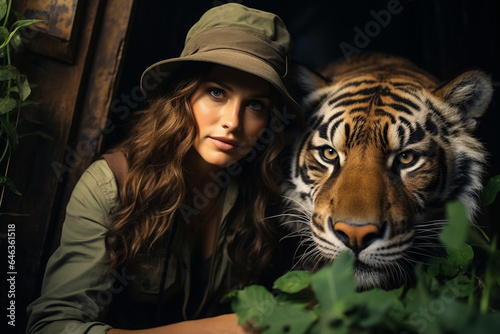 Portrait of a beautiful young woman with a tiger in the forest