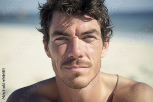 closeup of a man looking at the camera while sitting on the beach