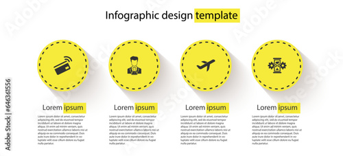 Set Contactless payment, Scientist and test tube, Plane and Hourglass gear. Business infographic template. Vector