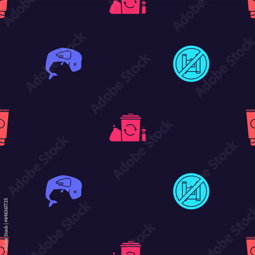 Set Say no to plastic bags poster, Environment protection whale dead, Recycle bin with recycle and Cream cosmetic tube on seamless pattern. Vector