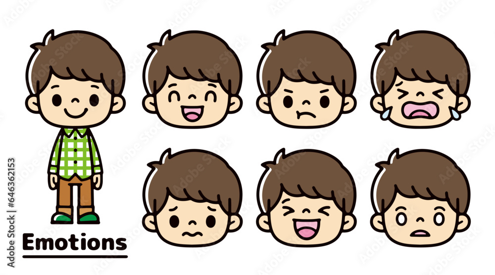 Set of illustrations of boys' expressions of surprise or distress Set of illustrations of boys' expressions of surprise or distress