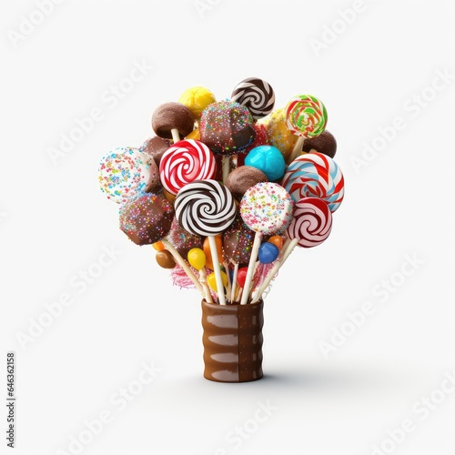 A group of colorful lollipops candy in a chocolate glass on white background. Generative AI