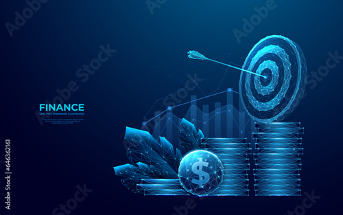 Abstract finance successful concept. Digital target, coins, and growth chart on blue technology background. Eco economics metaphor. Low poly wireframe futuristic style. Geometry vector illustration.