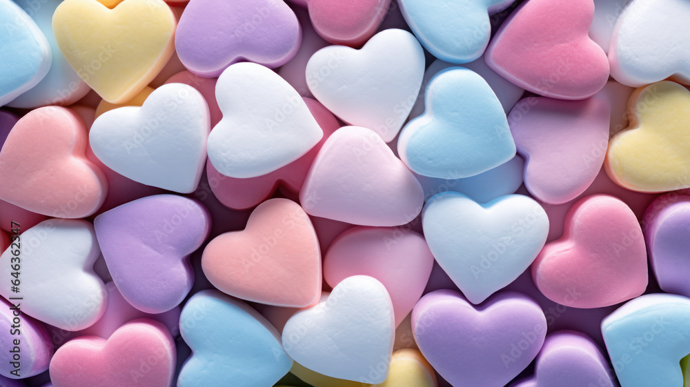 Colorful Pastel Heart-Shaped Marshmallows Background Colorful Pastel Heart-Shaped Marshmallows Background