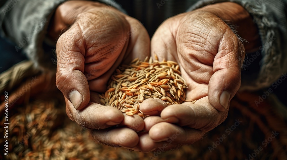 Close-up of farmer's hands with paddy seed. Generative AI Close-up of farmer's hands with paddy seed. Generative AI