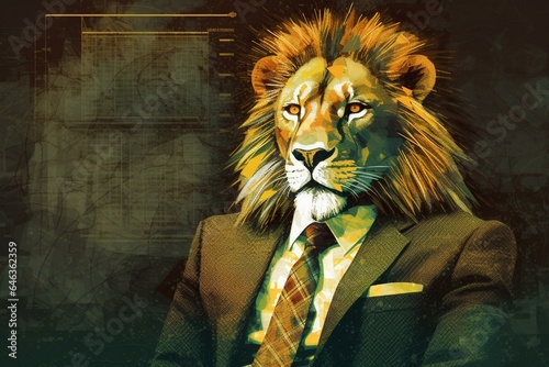 Lion, business suit, computer, financial, matrix art style. Generative AI