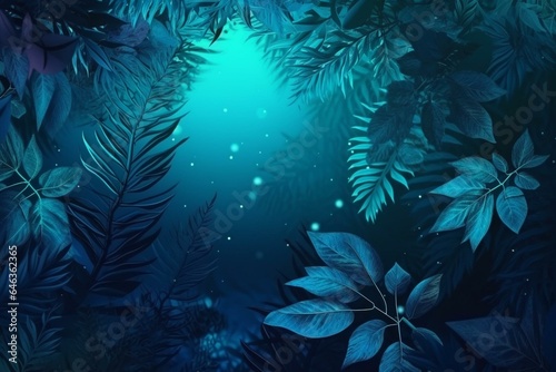 Blue tropical foliage leaves on space background. Generative AI