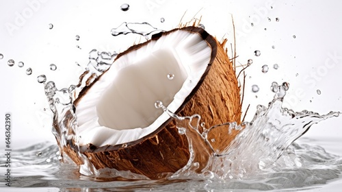 Fresh coconut with water splash isolated on white background. Brown cracked coconut dropped into water. Generative AI