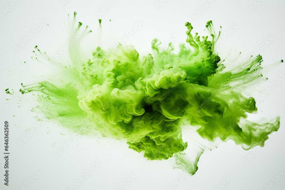 White background with vibrant green powder exploding. Generative AI White background with vibrant green powder exploding. Generative AI