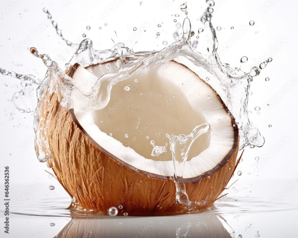 Fresh coconut with water splash isolated on white background. Brown cracked coconut dropped into water. Generative AI Fresh coconut with water splash isolated on white background. Brown cracked coconut dropped into water. Generative AI