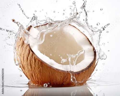 Fresh coconut with water splash isolated on white background. Brown cracked coconut dropped into water. Generative AI