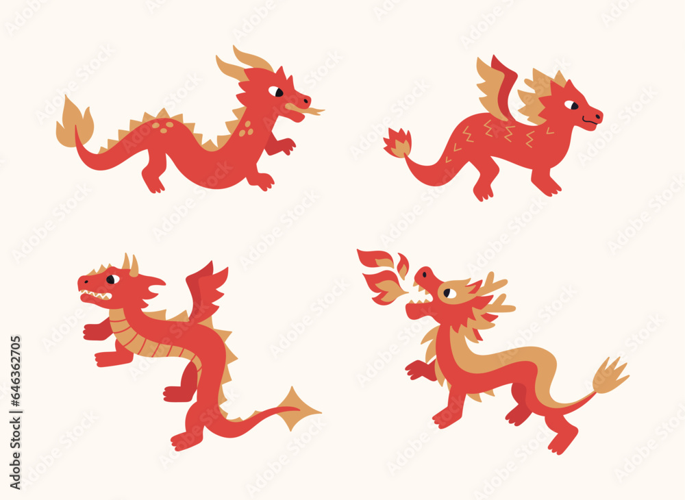 Set of Chinese dragons in flat style. Fantasy animals isolated on beige background. Vector oriental illustration with fairytale characters. New year asian symbol. Set of Chinese dragons in flat style. Fantasy animals isolated on beige background. Vector oriental illustration with fairytale characters. New year asian symbol.