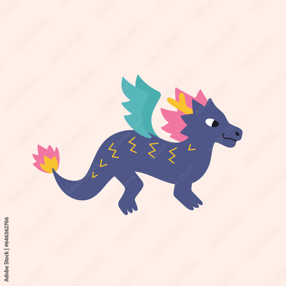 Dragon with wings flat cartoon style. Oriental fantasy animal isolated on beige background. Vector illustration with asian fairytale character. Chinese zodiac sign. New year symbol. Dragon with wings flat cartoon style. Oriental fantasy animal isolated on beige background. Vector illustration with asian fairytale character. Chinese zodiac sign. New year symbol.