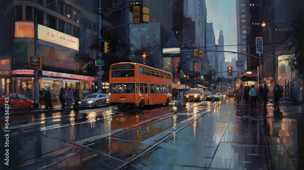 Rainy Urban Glow: Bustling City Lights Reflecting on Wet Streets Rainy Urban Glow: Bustling City Lights Reflecting on Wet Streets