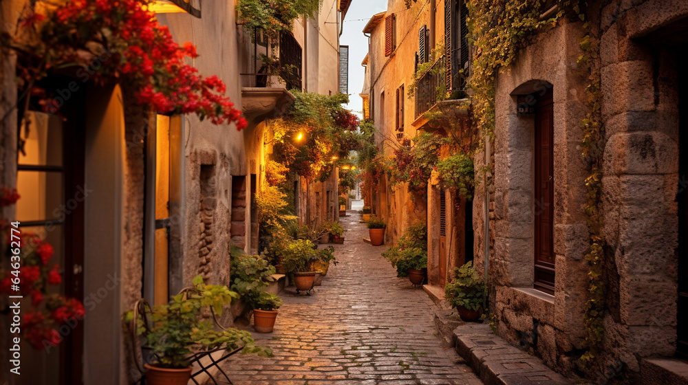 Fototapeta premium Enchanting Narrow Alley in Old Town with Ivy-Covered Walls and Cobblestone Path at Dusk
