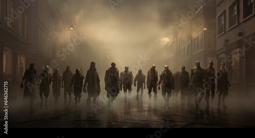 Misty night dawn sunset with the zombies walking in the abandoned city background. Dead men running dramatic Halloween day scene