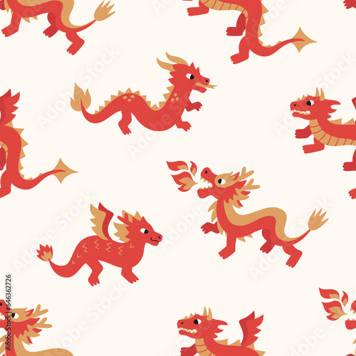 Chinese dragons print in flat style. Seamless pattern on beige background with fantasy animals. Vector oriental illustration with fairytale characters. New year symbol. Abstract asian wallpaper
