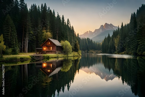 a rustic cabin perched near a peaceful riverbank, surrounded by a symphony of trees swathed in rich, earthy tones, capturing the essence of nature's harmony