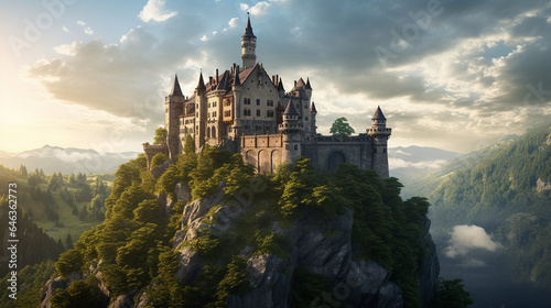 Majestic Castle on Enchanted Mountain at Sunrise