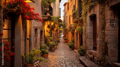Enchanting Narrow Alley in Old Town with Ivy-Covered Walls and Cobblestone Path at Dusk