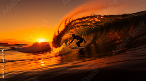 Silhouetted Surfer Riding Sunset Wave