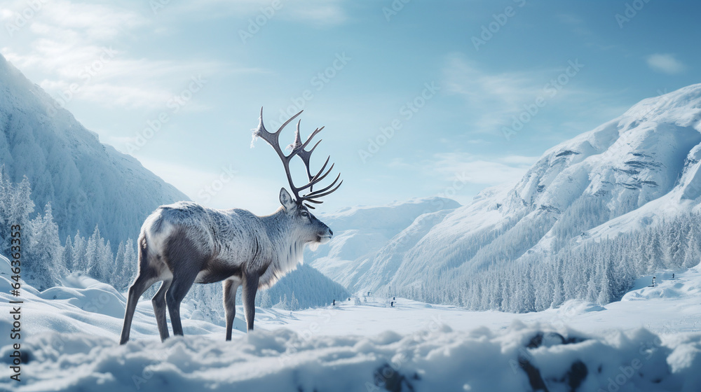 Majestic Winter Scene: Reindeer on Snowy Hill Majestic Winter Scene: Reindeer on Snowy Hill