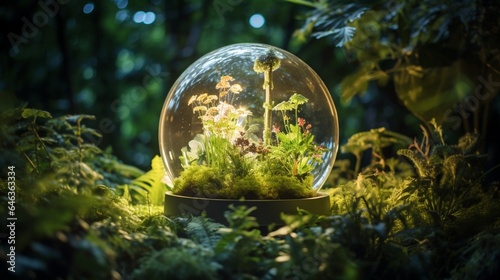 Craft a captivating picture of a glass globe within a lush garden  where flowers and plants are softly lit by sustainable LED garden lights